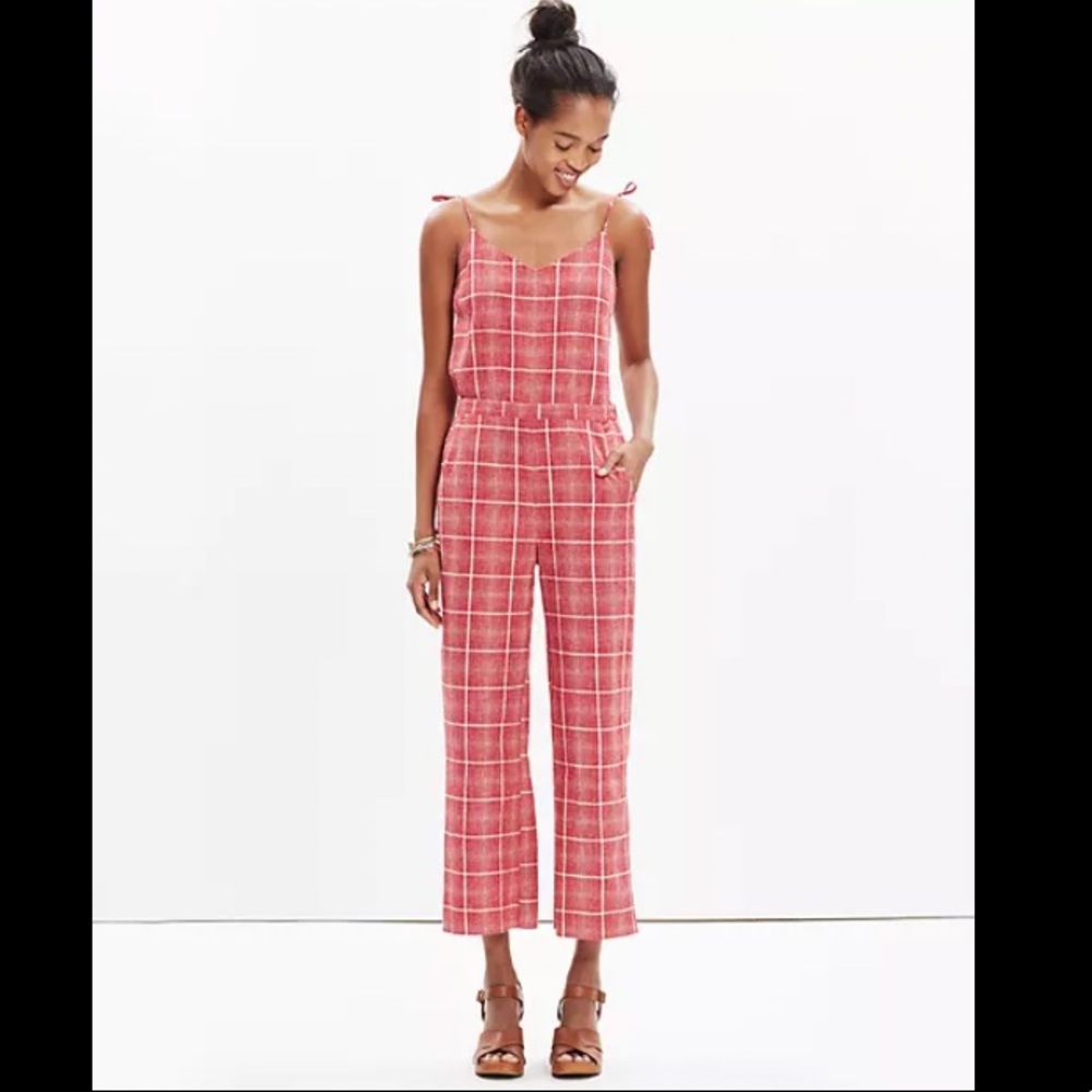 Madewell Red And White Plaid Biopic Adjustable Spaghetti Strap Jumpsuit Size M